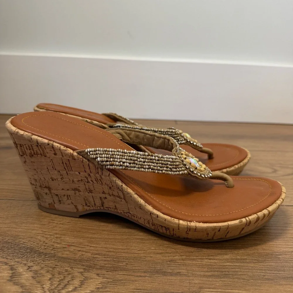 Skemo Beaded Cork Wedge‎ Thong Sandals Boho Rhinestone Flip Flops Womens 9